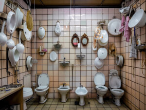 Raum mit einer gefliesten Wand, an der verschiedene Toiletten, Waschbecken und Badezimmerarmaturen zu sehen sind. Außerdem sind mehrere Spiegel und hängende Handtücher zu sehen. (KI generierte Beschreibung)