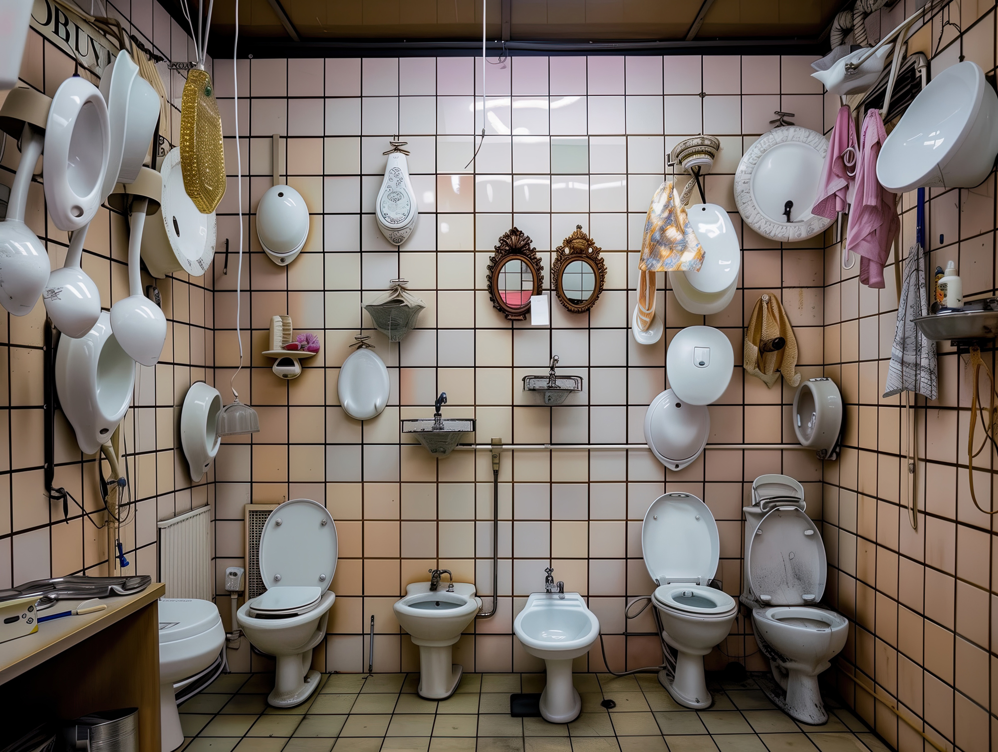 Raum mit einer gefliesten Wand, an der verschiedene Toiletten, Waschbecken und Badezimmerarmaturen zu sehen sind. Außerdem sind mehrere Spiegel und hängende Handtücher zu sehen. (KI generierte Beschreibung)