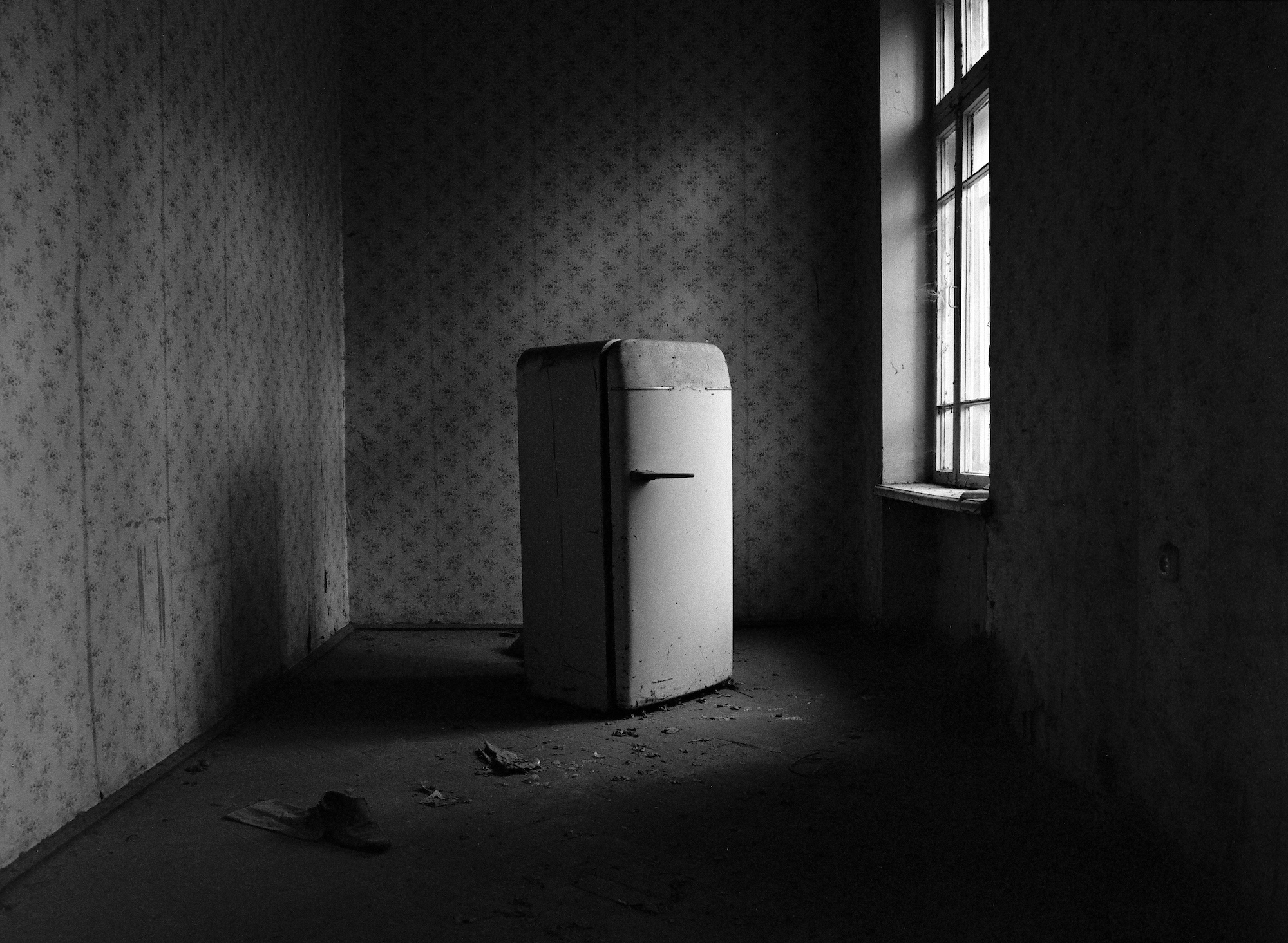 Ein alter Kühlschrank steht allein in der Mitte eines leeren, schwach beleuchteten Raums mit abblätternden Tapeten und Schutt auf dem Boden. (KI generierte Beschreibung)