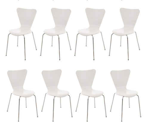 Acht identische weiße Stühle mit Metallbeinen sind in zwei Viererreihen vor einem schlichten weißen Hintergrund angeordnet. (KI generierte Beschreibung)